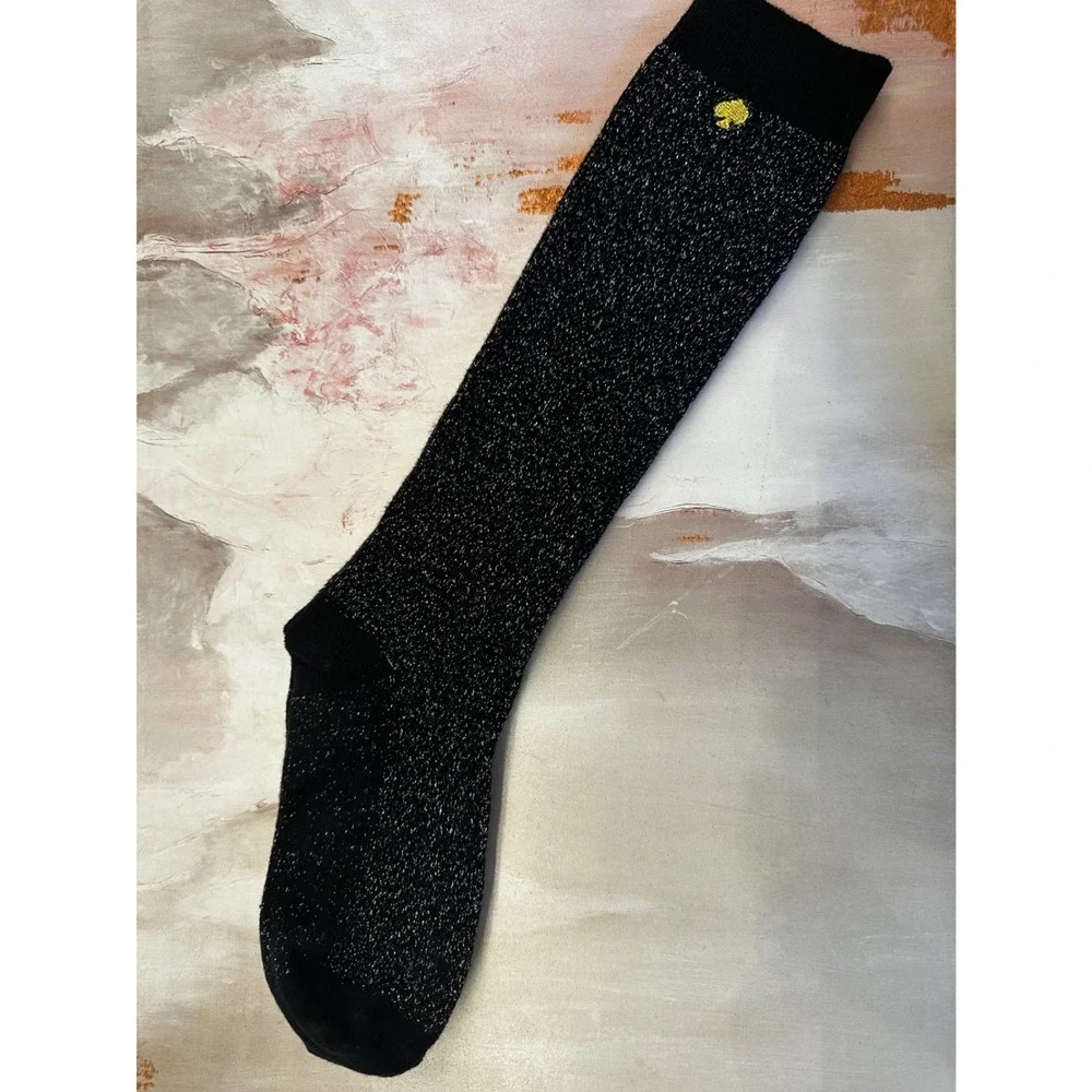 Kate Spade New York Black Silver Metallic Glitter Crew Women's Socks Gold Logo